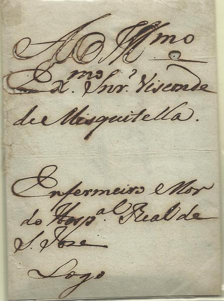 0227.jpg -     Lote:    227            Portugal        Descrição:      Correios-Mor.   Carta circulada em Lisboa (17.05.1798), dirigida ao Visconde de Mesquitela, com  inscrição manuscrita "Logo"..        Carta       Valor Base:     &euro; 25,00     Valor Venda:     Retirado     