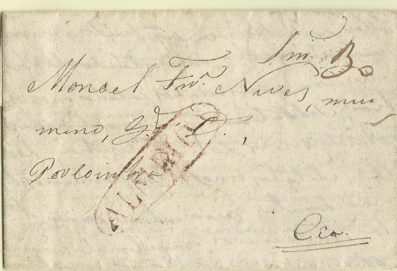0231.jpg -     Lote:    231            Portugal        Descrição:      Almeida   &mdash; A vermelho, GM ALD2 em carta datada de Almeida (20.03.1833) para Seia com o porte manuscrito a sépia de 30 reis.        Carta       Valor Base:     &euro; 12,00     Valor Venda:     &euro; 12,00     