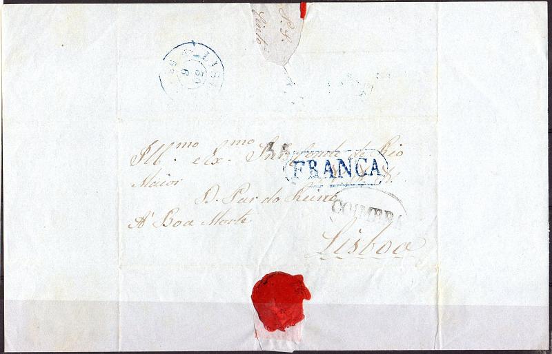0244.jpg -     Lote:    244            Portugal        Descrição:      Coimbra   &mdash; A preto, GM CBR11 em carta datada de Coimbra (28.06.1853) para Lisboa (30.06.53) isenta de porte. Marca "FRANCA" a azul de Lisboa GM LSB PP4. Carta chegada a Lisboa no ÚLTIMO DIA DO PERÍODO PRÉ-ADESIVO. Rara.        Carta       Valor Base:     &euro; 25,00     Valor Venda:     &euro; 110,00     