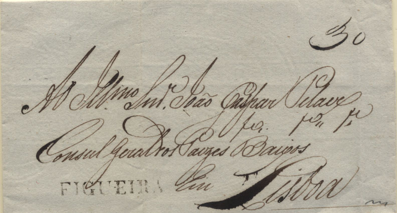 0252.jpg -     Lote:    252            Portugal        Descrição:      Figueira   &mdash; A preto, a preto, não catalogada. Em carta datada da Figueira (24.05.25) para Lisboa, com o porte de 30 reis manuscrito a sépia.        Carta       Valor Base:     &euro; 30,00     Valor Venda:     &euro; 30,00     
