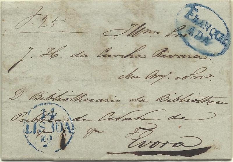 0263.jpg -     Lote:    263            Portugal        Descrição:      Lisboa / Franqueada   &mdash; A azul, GM LSB PP5 em carta datada de Lisboa (14.02.44) para Évora com o porte pago de 25 reis manuscrito a sépia. B.        Carta       Valor Base:     &euro; 40,00     Valor Venda:     &euro; 42,00     