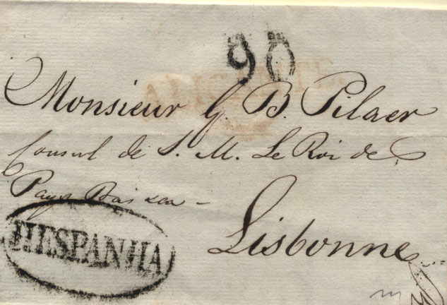0264.jpg -     Lote:    264            Portugal        Descrição:      Hespanha   &mdash; A preto, GM LSB OE3 em carta datada de Alicante (18.05.16) para Lisboa com o porte de 90 reis batido a preto. MB.        Carta       Valor Base:     &euro; 40,00     Valor Venda:     Retirado     