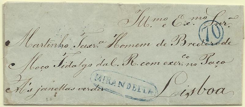 0272.jpg -     Lote:    272            Portugal        Descrição:      Mirandella   &mdash; A azul, GM MDL4 em carta datada de Mirandela (12.01.53) para Lisboa (18.01.53) com o porte de 70 reis batido a azul.        Carta       Valor Base:     &euro; 15,00     Valor Venda:     &euro; 15,00     
