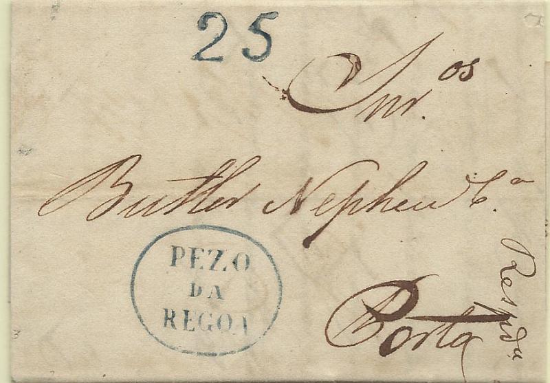 0281.jpg -     Lote:    281            Portugal        Descrição:      Pezo da Regoa   &mdash; A azul, GM PRG3 em carta datada da Régua (21.06.38) para o Porto, com o porte de 25 reis batido a azul.        Carta       Valor Base:     &euro; 20,00     Valor Venda:     Retirado     