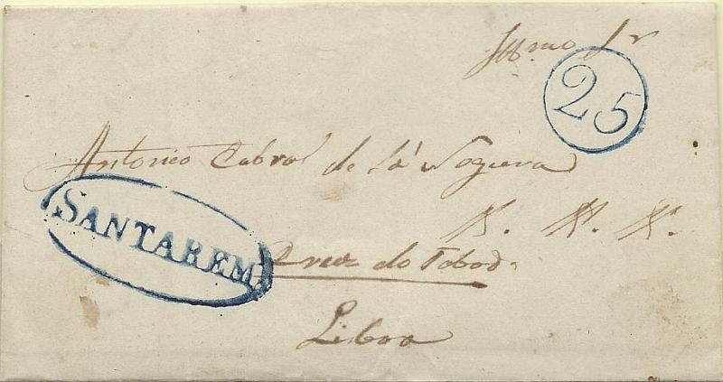 0288.jpg -     Lote:    288            Portugal        Descrição:      Santarém     &mdash; A azul, GM STR4 em carta datada de Santarém (30.09.1847) para Lisboa com o porte de 25 reis batido a azul.        Carta       Valor Base:     &euro; 10,00     Valor Venda:     &euro; 10,00     