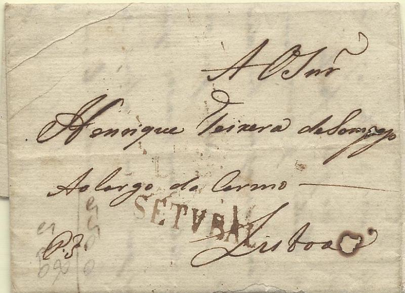 0292.jpg -     Lote:    292            Portugal        Descrição:      Setúbal * Setúbal / Porte Pago   &mdash; A sépia, GM STB2 * STB PP2, em carta datada de Setúbal (09.01.1809) para Lisboa com o porte pago. No verso carimbo mal batido a sépia do porte pago. Inscrição manuscrita "P.P" a sépia.        Carta       Valor Base:     &euro; 60,00     Valor Venda:     Retirado     