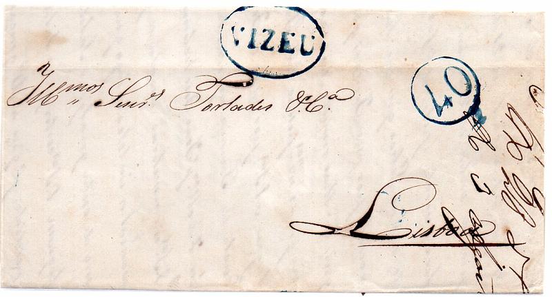 0302.jpg -     Lote:    302            Portugal        Descrição:      Viseu &mdash;   A azul, GM VIS7, em carta datada de Viseu (25.07.47) para Lisboa (28.07.47) com o porte de 40 reis batido a azul. MB.        Carta       Valor Base:     &euro; 10,00     Valor Venda:     &euro; 10,00     