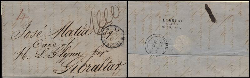 0310.jpg -     Lote:    310            Macau       Descrição:      Macao (Correio) &mdash;   A preto. Carta remetida de Macau (21.08.51) para Gibraltar, com trânsito por Hong Kong (23.08.51). B e MR.        Carta       Valor Base:     &euro; 3,000,00     Valor Venda:     &euro; 3200,00     