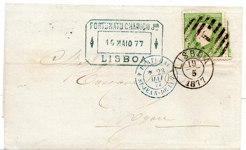 0337.jpg -     Lote:    337            Portugal       Descrição:         1870/76 &mdash; D. Luís I. Fita direita. CE41, 50 reis, tipo I, em papel liso, denteado 12 &frac12; em carta circulada de Lisboa (19.05.77) para França. Certificado de peritagem NFACP.        Carta       Valor Base:     &euro; 10,00     Valor Venda:     &euro; 15,00     