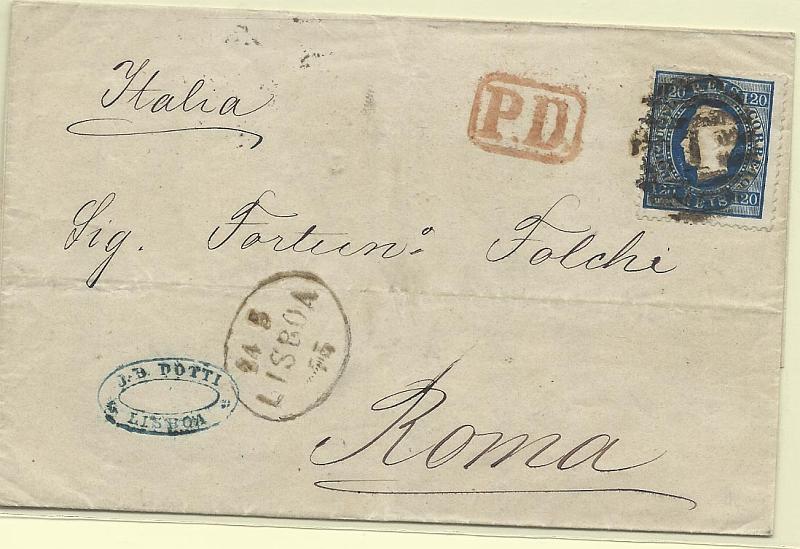 0339.jpg -     Lote:    339            Portugal       Descrição:         1870/76 &mdash; D. Luís I, fita direita. CE44, 120 reis azul, denteado 12 &frac12;, em carta circulada de Lisboa (24.05.73) para Roma (30.05.73). MB e R.        Carta       Valor Base:     &euro; 60,00     Valor Venda:     Retirado     