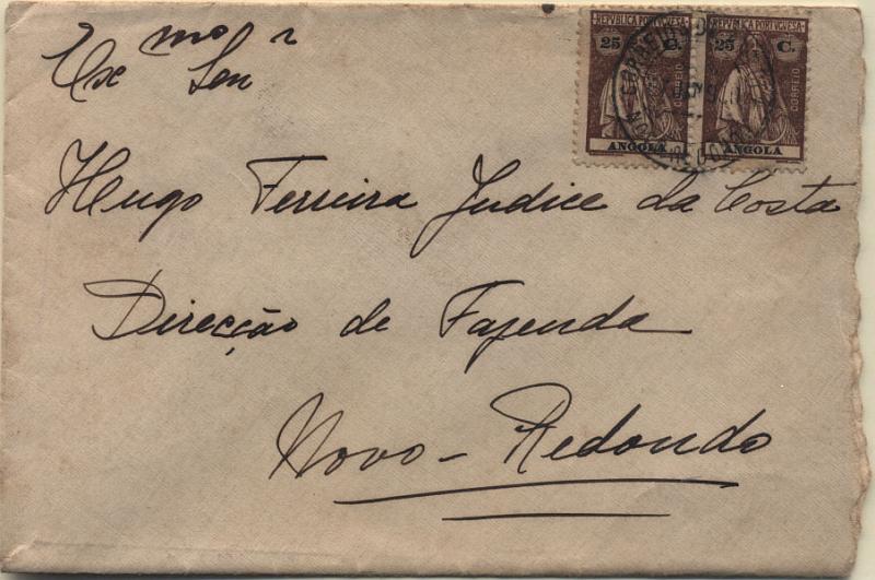 0395.jpg -     Lote:    395            Angola       Descrição:         1925/26 &mdash; Ceres. Sobrescrito circulado em Novo Redondo (27.01.30) com par de selos de 25c CE215. B.        Carta       Valor Base:     &euro; 12,00     Valor Venda:     Retirado     
