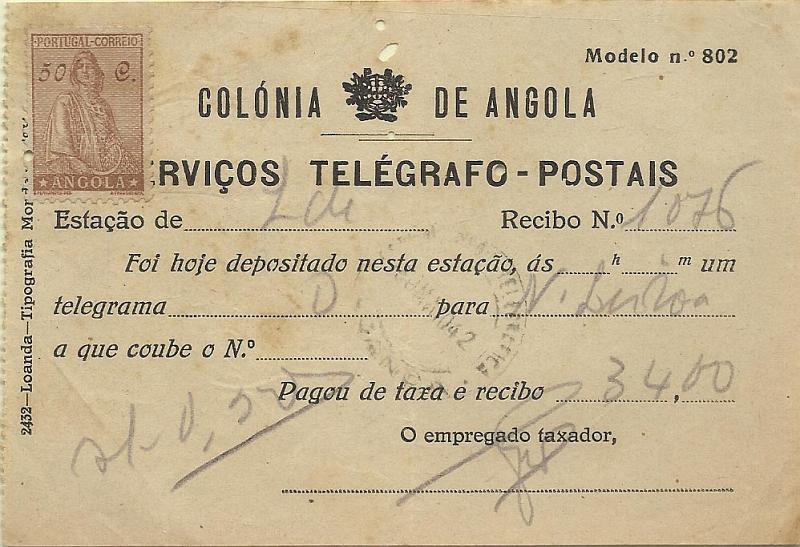 0401.jpg -     Lote:    401            Angola       Descrição:         1932 &mdash; Ceres. Novo tipo. Recibo de telegrama mod 802, emitido em 20.05.42 com selo de $50 CE236 para pagamento do impresso. Inscrição manuscrita "sl &mdash; 0,50". MB e MR.        IMP       Valor Base:     &euro; 30,00     Valor Venda:     &euro; 30,00     