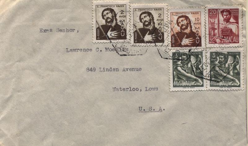 0434.jpg -     Lote:    434            Macau       Descrição:         1951 &mdash; Vultos do Oriente. Sobrescrito circulado de Macau (23.11.53) para os EUA com selos de  2x2 avos CE356, 2x3 avos CE357, 10 avos CE359 e 20 avos CE360.        Carta       Valor Base:     &euro; 20,00     Valor Venda:     Retirado     