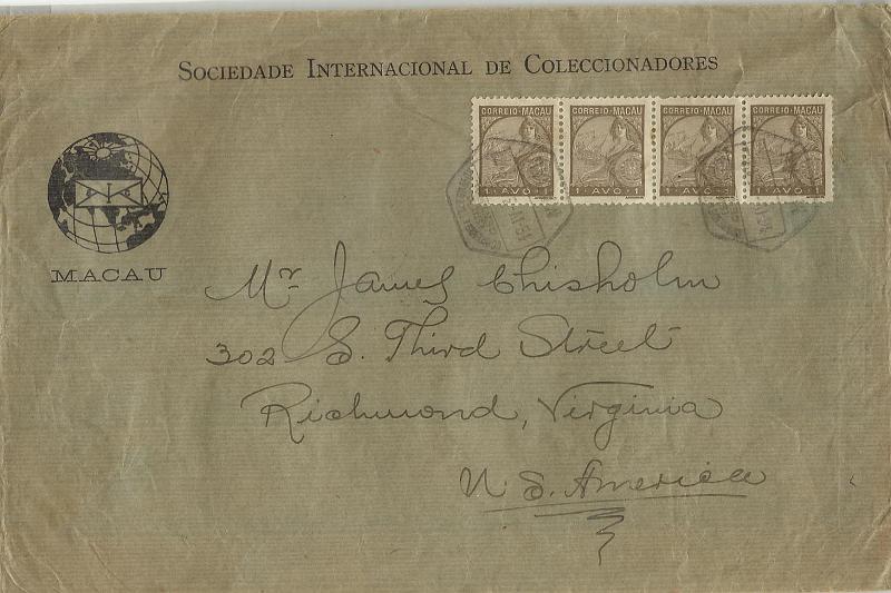 0436.jpg -     Lote:    436            Macau       Descrição:         1934 &mdash; Padrões. Sobrescrito circulado de Macau (16.04.34) para os EUA com trânsito por Hong Kong (17.04.34) com tira de 4 selos de 1 avo CE269.        Carta       Valor Base:     &euro; 12,00     Valor Venda:     Retirado     