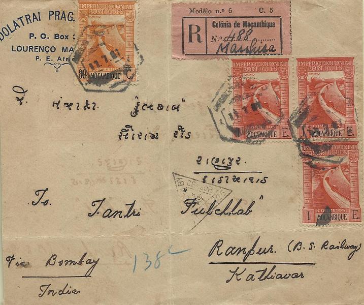 0441.jpg -     Lote:    441            Moçambique       Descrição:         1938 &mdash; Império Colonial Português. Sobrescrito circulado registado de Mahiça (11.07.41) para Bombaim (16.07.41) com selos 80c e 3x1E, obliterados com carimbo batido a preto "MANHIÇA".        Carta       Valor Base:     &euro; 15,00     Valor Venda:     Retirado     