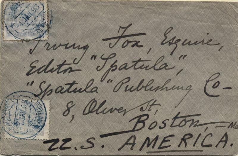 0443.jpg -     Lote:    443            Lourenço Marques       Descrição:         1893/94 &mdash; D. Carlos I, tipo Diogo Neto. Sobrescrito circulado de L. Marques (01.01.98) para Boston (31.01.1898) com dois selos de 50 reis azul claro, denteado 12 &frac12; CE7. B e R.        Carta       Valor Base:     &euro; 50,00     Valor Venda:     &euro; 50,00     