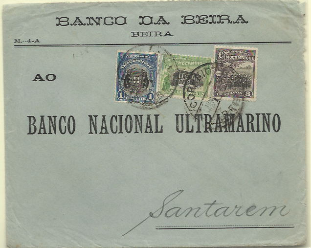 0447.jpg -     Lote:    447            Companhia de Moçambique       Descrição:         1918/25 &mdash; Motivos locais. Sobrescrito circulado da Beira (06.36) para Santarém (08.06.36) com selos de 8c, 20c e 1$00, CE125, 128 e 160.        Carta       Valor Base:     &euro; 20,00     Valor Venda:     &euro; 24,00     