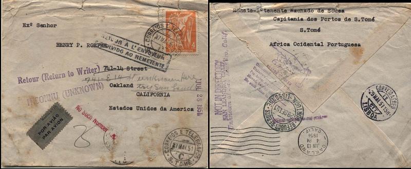 0460.jpg -     Lote:    460            S. Tomé e Príncipe       Descrição:         1950 &mdash; Ano Santo. CE350, 4$00 laranja sobre sobrescrito circulado de S. Tomé (27.05.51) para a Califórnia (13.06.51). Devolvido ao remetente via Lisboa (29.05.51) não foi reclamado tendo caído em refugo (29.09.51) Carimbo batido a preto no verso "REFUGOS &mdash; REBUTS / PORTUGAL &mdash; LISBONNE". R.        Carta       Valor Base:     &euro; 50,00     Valor Venda:     &euro; 50,00     