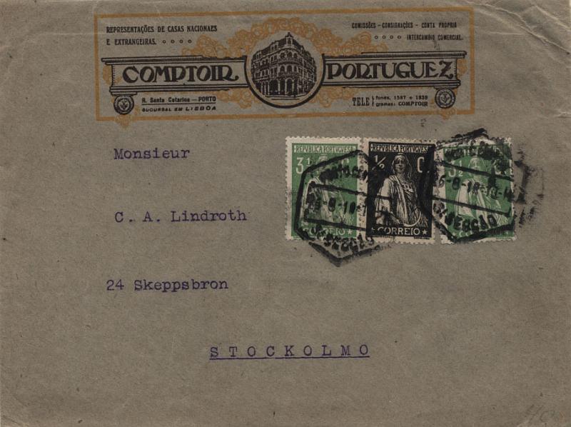 0463.jpg -     Lote:    463                   Descrição:         Cartas publicitárias. Sobrescrito circulado do Porto (26.08.19) para Estocolmo, com selo de &frac12; C e dois selos de 3 &frac12; C tipo Ceres CE207 e 225. Sobrescrito publicitário da casa COMPTOIR PORTUGUEZ.        Carta       Valor Base:     &euro; 5,00     Valor Venda:     &euro; 18,00     