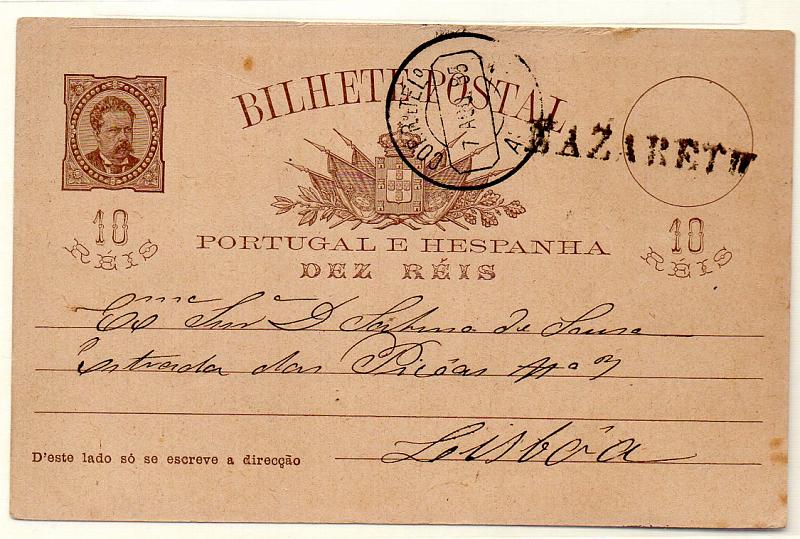 0473.jpg -     Lote:    473            Portugal       Descrição:         1884/87 &mdash; D. Luís I, de frente. OM9a, 10 reis castanho sobre cartolina camurça (quadrícula no verso), sem ponto depois de "direcção", tipo K (não catalogado). Circulado da Nazaré (06.06.85) para Lisboa (08.08.85). Carimbo nominativo batido a preto "NAZARETH".        IC       Valor Base:     &euro; 25,00     Valor Venda:     &euro; 25,00     