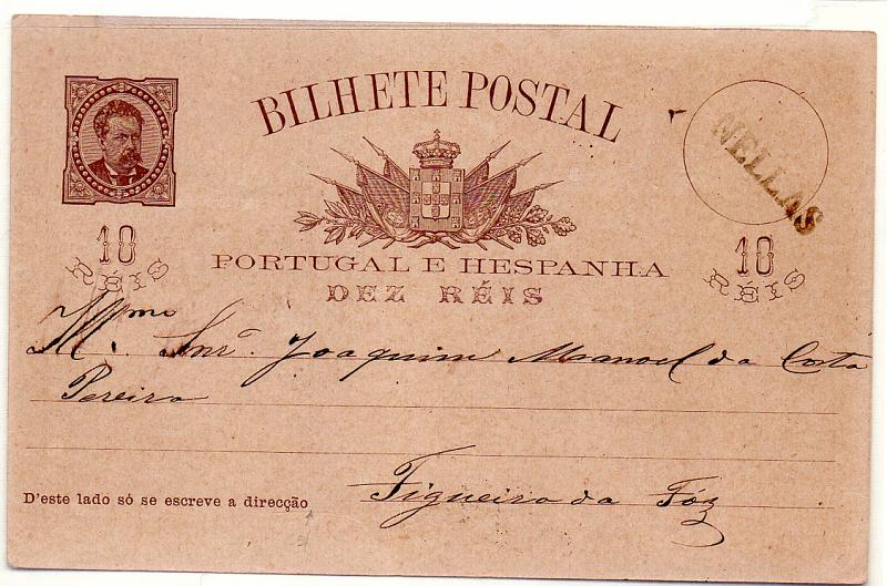 0474.jpg -     Lote:    474            Portugal       Descrição:         1884/87 &mdash; D. Luís I, de frente. OM9a, 10 reis castanho sobre cartolina camurça (quadrícula no verso), sem ponto depois de "direcção", tipo C. Circulado de Nelas (28.02.85) para a Figueira (28.02.85). Carimbo nominativo batido a preto "NELLAS" (Gordon 261).        IC       Valor Base:     &euro; 20,00     Valor Venda:     &euro; 24,00     