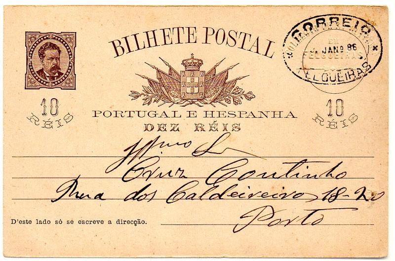 0476.jpg -     Lote:    476            Portugal       Descrição:         1884/87 &mdash; D. Luís I de frente. OM9, 10 reis castanho sobre cartolina camurça (quadrícula no verso), circulado de Felgueiras (13.01.86) para o Porto (14.01.86). Carimbo de dupla oval batido a preto de FELGUEIRAS.        IC       Valor Base:     &euro; 20,00     Valor Venda:     Retirado     