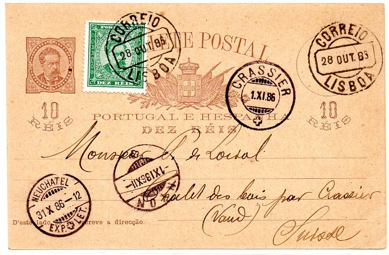0478.jpg -     Lote:    478            Portugal       Descrição:         1884/87 &mdash; D. Luís I de frente. OM9, 10 reis castanho sobre cartolina camurça (quadrícula no verso), circulado de Lisboa (28.10.86) para Crassier (01.11.86), com trânsito por Neuchatel e Nyon, com selo adicional de 10 reis CE61. MB.        IC       Valor Base:     &euro; 20,00     Valor Venda:     &euro; 28,00     