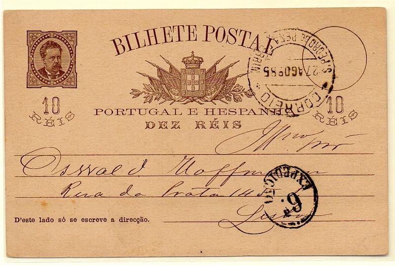 0479.jpg -     Lote:    479            Portugal       Descrição:         1884/87 &mdash; D. Luís I de frente. OM9, 10 reis castanho escuro (quadrícula no verso), tipo M, circulado de S. Pedro de Penaferrim (27.08.85) para Lisboa. Carimbo batido a preto "CORREIO / S. PEDRO DE PENAFERRIM" e "6.ª EXPEDIÇÃO". MB.        IC       Valor Base:     &euro; 20,00     Valor Venda:     &euro; 20,00     