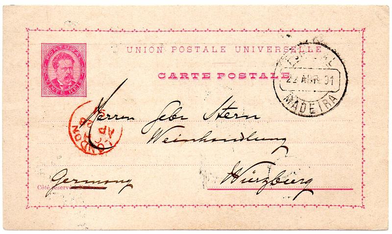 0481.jpg -     Lote:    481            Portugal       Descrição:         1884/87 &mdash; D. Luís I de frente. OM10, 20 reis carmim sobre cartolina  creme, circulado do Funchal (22.04.01) para a Alemanha (29.04.01) com trânsito por Londres (28.04.01). Repicado no verso por "COSSART, GORDON & CO / MADEIRA". MB e MR.        IC       Valor Base:     &euro; 25,00     Valor Venda:     &euro; 25,00     