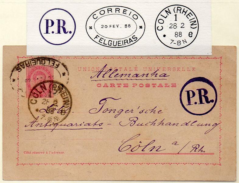 0483.jpg -     Lote:    483            Portugal       Descrição:         1884/87 - D. Luís I de frente. OM10, 20 reis rosa, circulado de Felgueiras (20.02.88) para Colónia (28.02.88). Carimbo de dupla oval de FELGUEIRAS, batido a preto + carimbo "P.R. &mdash; Posta rural) batido a violeta. MB e R.        IC       Valor Base:     &euro; 75,00     Valor Venda:     &euro; 110,00     