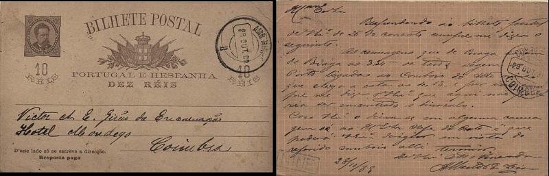 0485.jpg -     Lote:    485            Portugal       Descrição:         Correio ferroviário. Marcas. 1884/87 &mdash; D. Luís I, de frente. OM9, 10 reis castanho, circulado pela Ambulância Ferroviária Minho II (28.10.89) para Coimbra (29.10.89). Carimbo nominativo batido a preto "NINE". B e MR.        IC       Valor Base:     &euro; 30,00     Valor Venda:     &euro; 110,00     