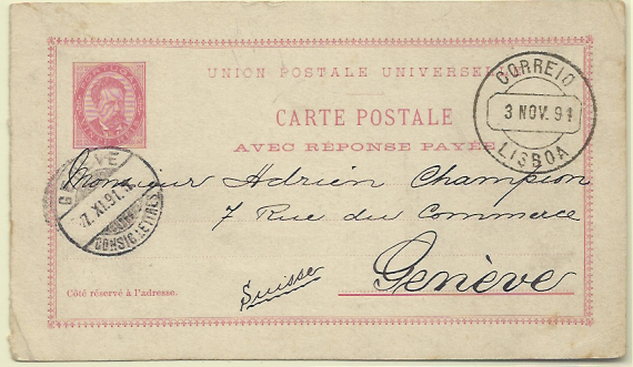0486.jpg -     Lote:    486            Portugal       Descrição:         1884/87 &mdash; D. Luís I. De frente. OM12, 20+20 reis rosa claro. Primeira folha circulada de Lisboa (03.11.91) para Geneve (07.11.91). B e R.        IC       Valor Base:     &euro; 10,00     Valor Venda:     Retirado     