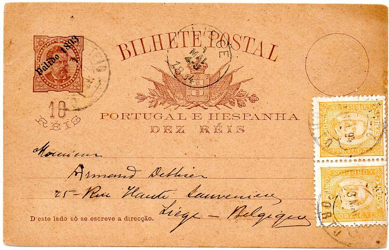 0491.jpg -     Lote:    491            Portugal       Descrição:         1893 &mdash; D. Luís I de frente, com sobrecarga "Válido 1893". OM19, 10 reis castanho vermelho, circulado do Porto (03.05.94) para Liege (06.05.94), com par selos de 5 reis amarelo denteado 11 &frac12;, papel porcelana da emissão D. Carlos I tipo Diogo Neto, CE68.        IC       Valor Base:     &euro; 20,00     Valor Venda:     &euro; 26,00     