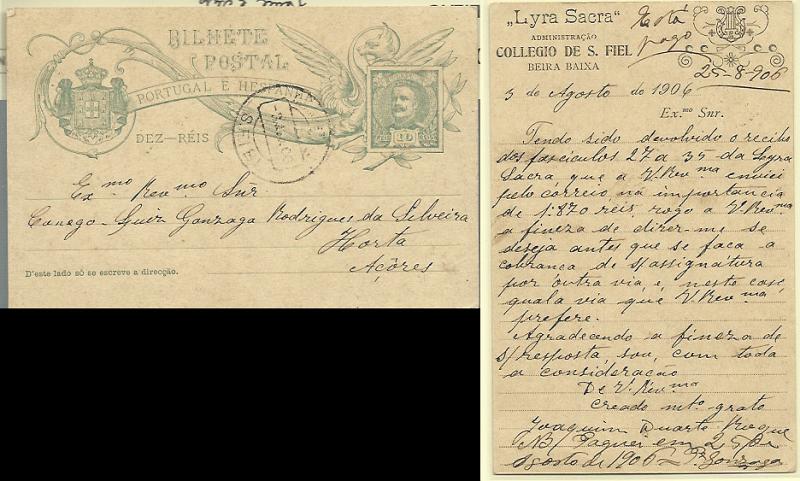 0492.jpg -     Lote:    492            Portugal       Descrição:         1896 &mdash; D. Carlos I Mouchon. OM41, 10 reis verde sobre cartolina camurça, circulado de S. Fiel (03.08.06) para a Horta. Repicado a preto no verso por: "LYRA SACRA / COLLEGIO DE S: FIEL". MB e R.        IC       Valor Base:     &euro; 15,00     Valor Venda:     &euro; 15,00     