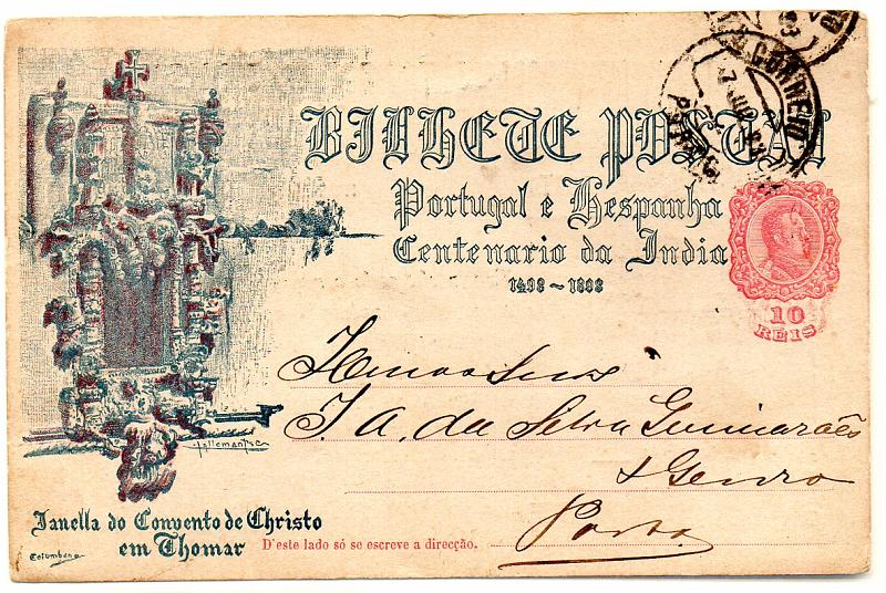 0495.jpg -     Lote:    495            Portugal       Descrição:         1898 &mdash; 4.º Centenário do Descobrimento do Caminho Marítimo para a Índia. OM29 (Janela do Convento de Cristo), 10 reis lilás rosa, circulado no Porto (07.07.98). Repicado por W. STUVE / LINHA DE VAPORES ENTRE BREMEN E PORTO / DA / COMPANHIA &mdash; NEPTUN" B e R.        IC       Valor Base:     &euro; 25,00     Valor Venda:     &euro; 25,00     