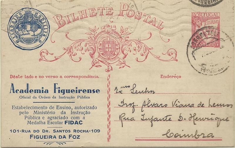 0497.jpg -     Lote:    497            Portugal       Descrição:         1931 &mdash; Lusíadas. OM80, 25c carmim circulado da Figueira da Foz (27.07.35) para Coimbra (28.07.35). Repicado por: ACADEMIA FIGUEIRENSE.        IC       Valor Base:     &euro; 10,00     Valor Venda:     &euro; 10,00     