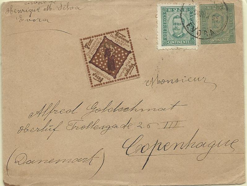 0513.jpg -     Lote:    513            Portugal       Descrição:         1893 &mdash; D. Carlos I Diogo Neto. Sobrescritos. OM3, 25 reis verde, circulado com selo adicional de 25 reis D. Carlos I, tipo Diogo Neto, CE70, de Évora (05.06.95), para Copenhaga (11.06.95) com trânsito por Lisboa (06.06.95). Vinheta do Centenário de Santo António. B.         IP       Valor Base:     &euro; 20,00     Valor Venda:     &euro; 30,00     