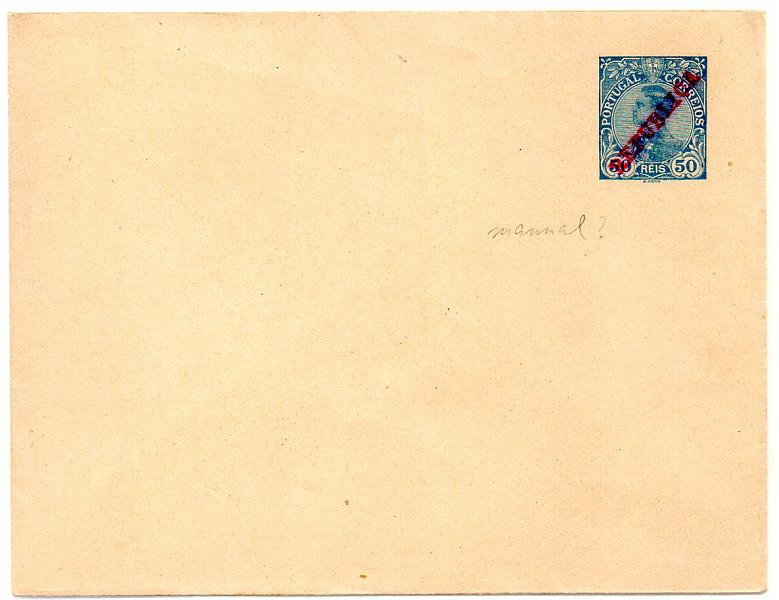 0514.jpg -     Lote:    514            Portugal       Descrição:         1910 &mdash; D. Manuel II com sobrecarga REPUBLICA. OM10, 50 reis azul. Sobrecarga manual. MR.        IN       Valor Base:     &euro; 20,00     Valor Venda:     &euro; 20,00     