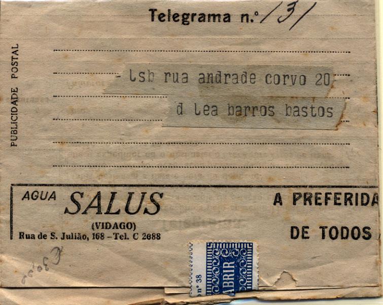 0518.jpg -     Lote:    518            Portugal       Descrição:         1926 &mdash; Impressos de telegrama. Telegrama remetido do Porto (16.02.26) para Lisboa (16.02.26) com diversa publicidade.        IC       Valor Base:     &euro; 15,00     Valor Venda:     &euro; 24,00     