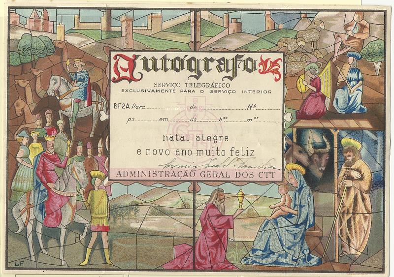 0519.jpg -     Lote:    519            Portugal       Descrição:         1949 &mdash; Boas Festas. Autógrafos. Lote de dois autógrafos circulados OM BF30/31 e um novo OM BF32.        Lote       Valor Base:     &euro; 6,00     Valor Venda:     &euro; 12,00     