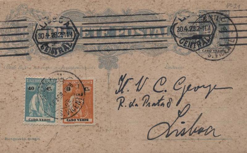 0522.jpg -     Lote:    522            Cabo Verde       Descrição:         1926 &mdash; Ceres. OM21, 5c+5c azul claro s/ cartolina camurça. Circulado de S. Vicente (16.04.28) para Lisboa (30.04.28), com selos adicionais de 3 e 40c tipo Ceres. Apenas emitidos 4.500 inteiros. MB e R.        IC       Valor Base:     &euro; 35,00     Valor Venda:     &euro; 60,00     