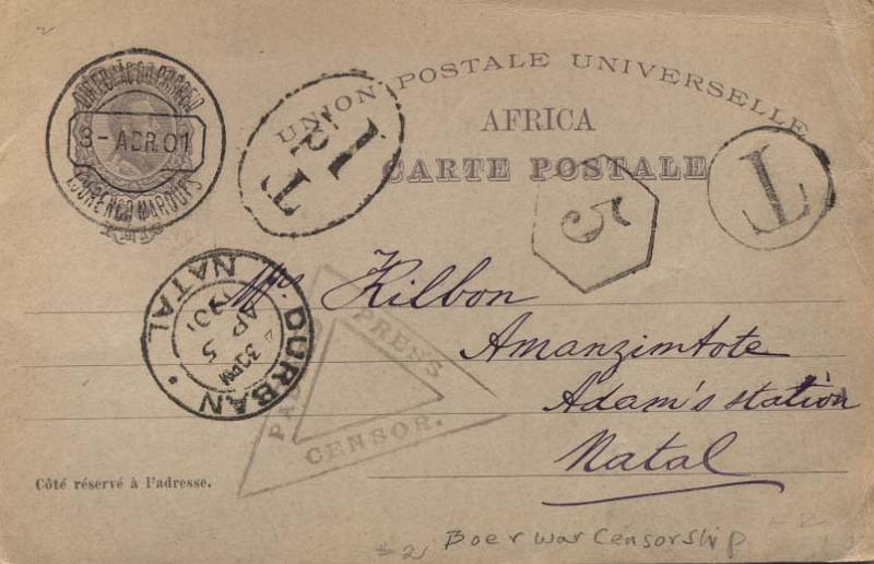 0529.jpg -     Lote:    529            Moçambique       Descrição:         1898 &mdash; 4.º Centenário do Descobrimento do Caminho Marítimo para a Índia. Inteiros para África. OM2A, 20 reis  violeta-cinzento (Castelo da Pena), circulado de Lourenço Marques (03.04.01) para Durban (05.04.01). Insuficientemente franquiado em 5 reis foi porteado com o dobro do porte em falta á chegada (carimbo de 1d). MB e MR.        IC       Valor Base:     &euro; 40,00     Valor Venda:     Retirado     
