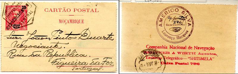 0530.jpg -     Lote:    530            Moçambique       Descrição:         1903/05 &mdash; D. Carlos I Mouchon com sobrecarga REPUBLICA da Casa da Moeda. Bilhetes-cartas. OM6, 25 reis carmim, circulado de Lourenço Marques (20.12.18) para a Figueira da Foz (08.01.19).        IC       Valor Base:     &euro; 10,00     Valor Venda:     &euro; 14,00     