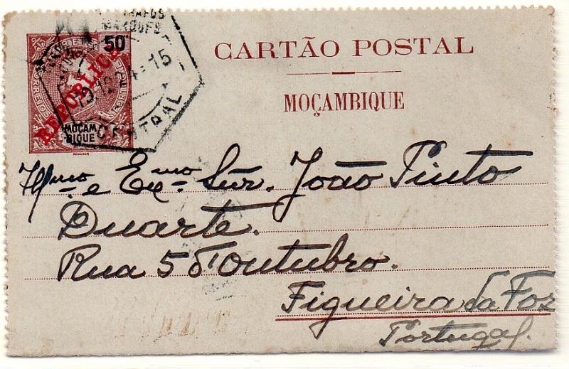 0531.jpg -     Lote:    531            Moçambique       Descrição:         1903/05 &mdash; D. Carlos I Mouchon com sobrecarga REPUBLICA da Casa da Moeda. Bilhetes-cartas. OM7, 50 reis castanho, circulado de Lourenço Marques (19.12.24) para a Figueira da Foz (16.01.25).        IC       Valor Base:     &euro; 12,00     Valor Venda:     &euro; 12,00     