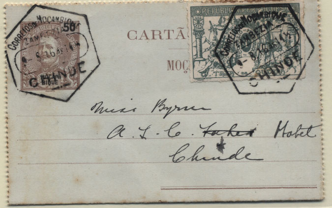 0532.jpg -     Lote:    532            Moçambique       Descrição:         1903 &mdash; D. Carlos I Mouchon. Cartões-Postais. OM2, 50 reis castanho, circulado internamente no Chinde (09.08.16) com selo do imposto postal * Taxa de Guerra de 1c CE IP1. B e R.        IC       Valor Base:     &euro; 25,00     Valor Venda:     &euro; 80,00     