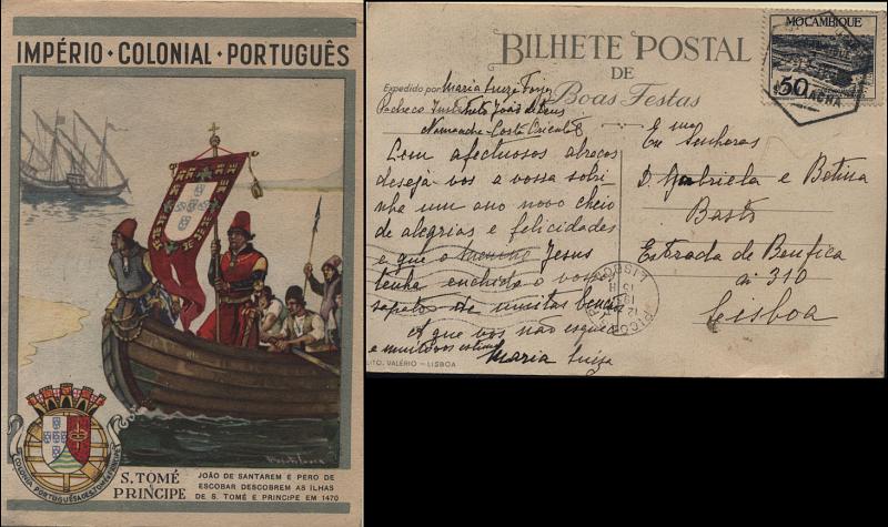 0533.jpg -     Lote:    533            Moçambique       Descrição:         1947 &mdash; Boas-Festas. Sem selo impresso. Ilustrados no verso com desenhos de Alberto de Sousa. OM VII &mdash; S. Tomé e Príncipe, com selo de $50 CE329. Circulado de Namacha (22.12.49) para Lisboa (12.01.50). Carimbo hexagonal de "NAMACHA". MB e R.        IC       Valor Base:     &euro; 20,00     Valor Venda:     Retirado     