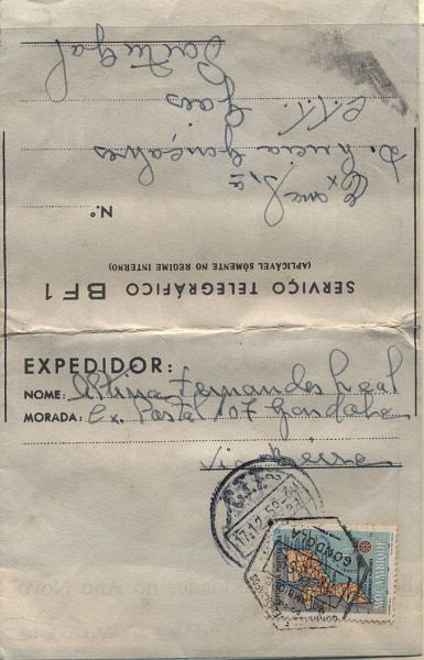 0534.jpg -     Lote:    534            Moçambique       Descrição:         1958 &mdash; Autógrafos de Boas Festas. OM23, BF1. Circulado de Gôndola (16.12.59) para Lisboa (17.12.59) com selos adicional de 1$00 Mapa de Moçambique. Carimbo hexagonal de GONDOLA. B.        IC       Valor Base:     &euro; 15,00     Valor Venda:     &euro; 16,00     