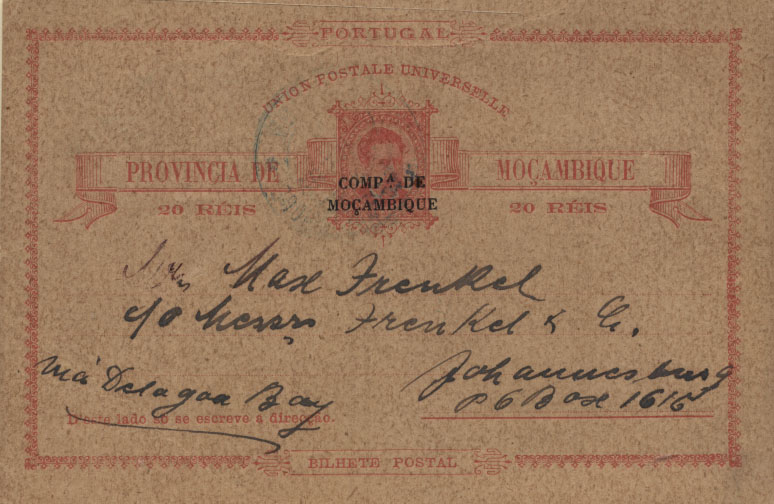 0535.jpg -     Lote:    535            Companhia de Moçambique       Descrição:         1892 &mdash; D. Luís I, com sobrecarga "Comp.ª de Moçambique. OM2, 20 reis rosa sobre cartolina camurça. Circulado da Beira (07.12.99) para Johannesbourg.        IC       Valor Base:     &euro; 10,00     Valor Venda:     Retirado     