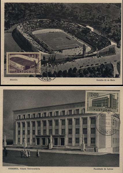0556.jpg -     Lote:    556                   Descrição:         Estádio 28 de Maio em Braga, Ponte Marechal Carmona, Barragem Salazar, Faculdade de Letras em Coimbra. Lote de 4 postais máximos da emissão comemorativa do 1.º centenário do Ministério das Obras Pública CE755/58. Obliterados respectivamente com marcas de dia de Braga, Vila Franca de Xira, Alcácer do Sal e Coimbra, todas com a data de 28.05.53. MB e R.        PM       Valor Base:     &euro; 30,00     Valor Venda:     Retirado     