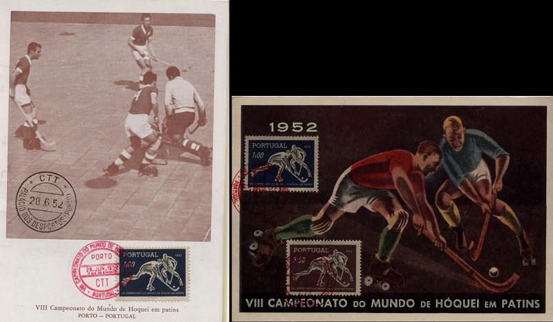 0558.jpg -     Lote:    558                   Descrição:         Hóquei em Patins (Campeonato do Mundo). CE751/752. Dois conjuntos de dois postais máximos cada com gravuras diferentes: dois postais com selo de 1$00 e dois com a série completa. Carimbo batido a vermelho do 1.º dia de circulação do Porto (28.06.52).        PM       Valor Base:     &euro; 12,00     Valor Venda:     &euro; 12,00     